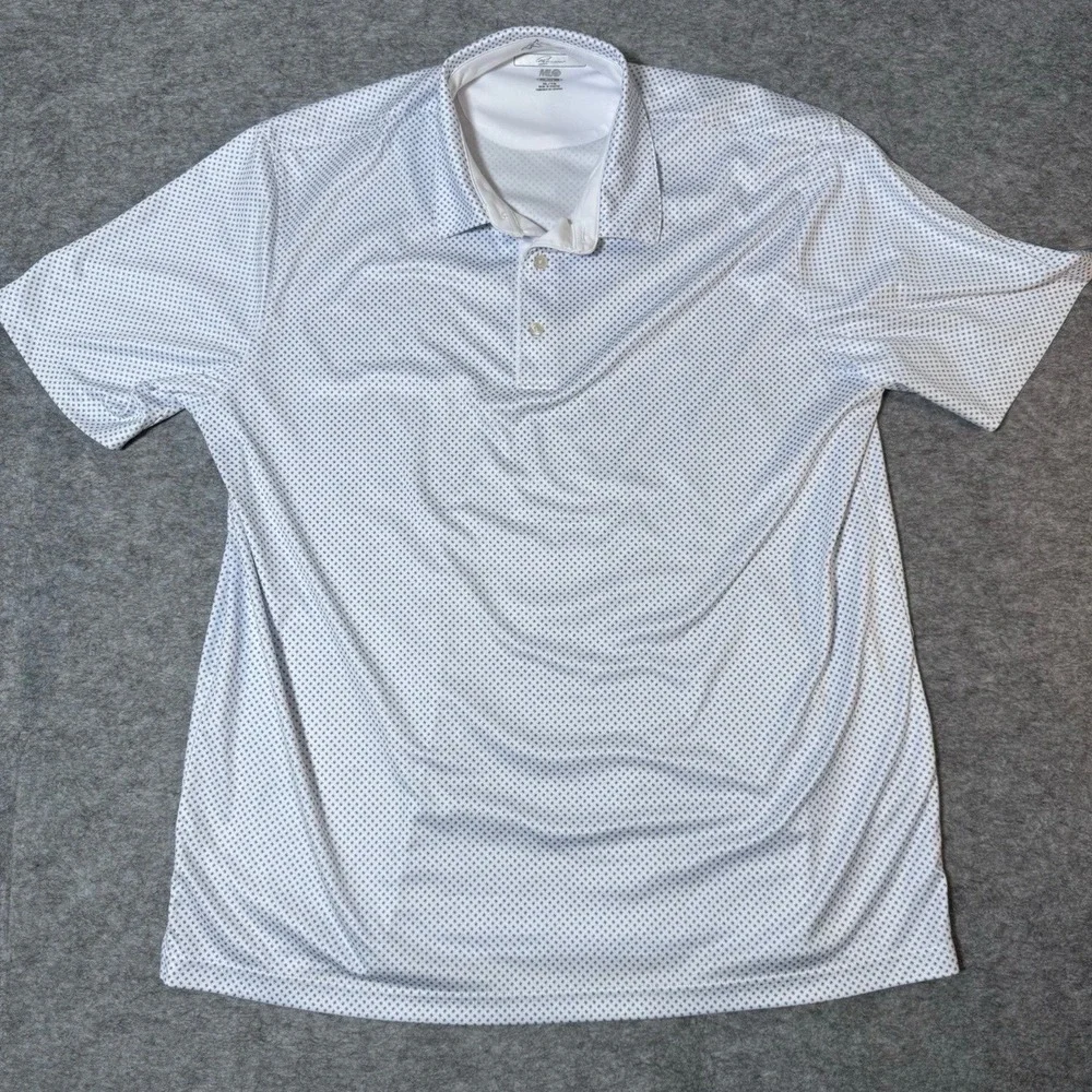 Greg Norman Polo Mens XL Play Dry ML75 Golf Shirt Polyester White Blue Geometric